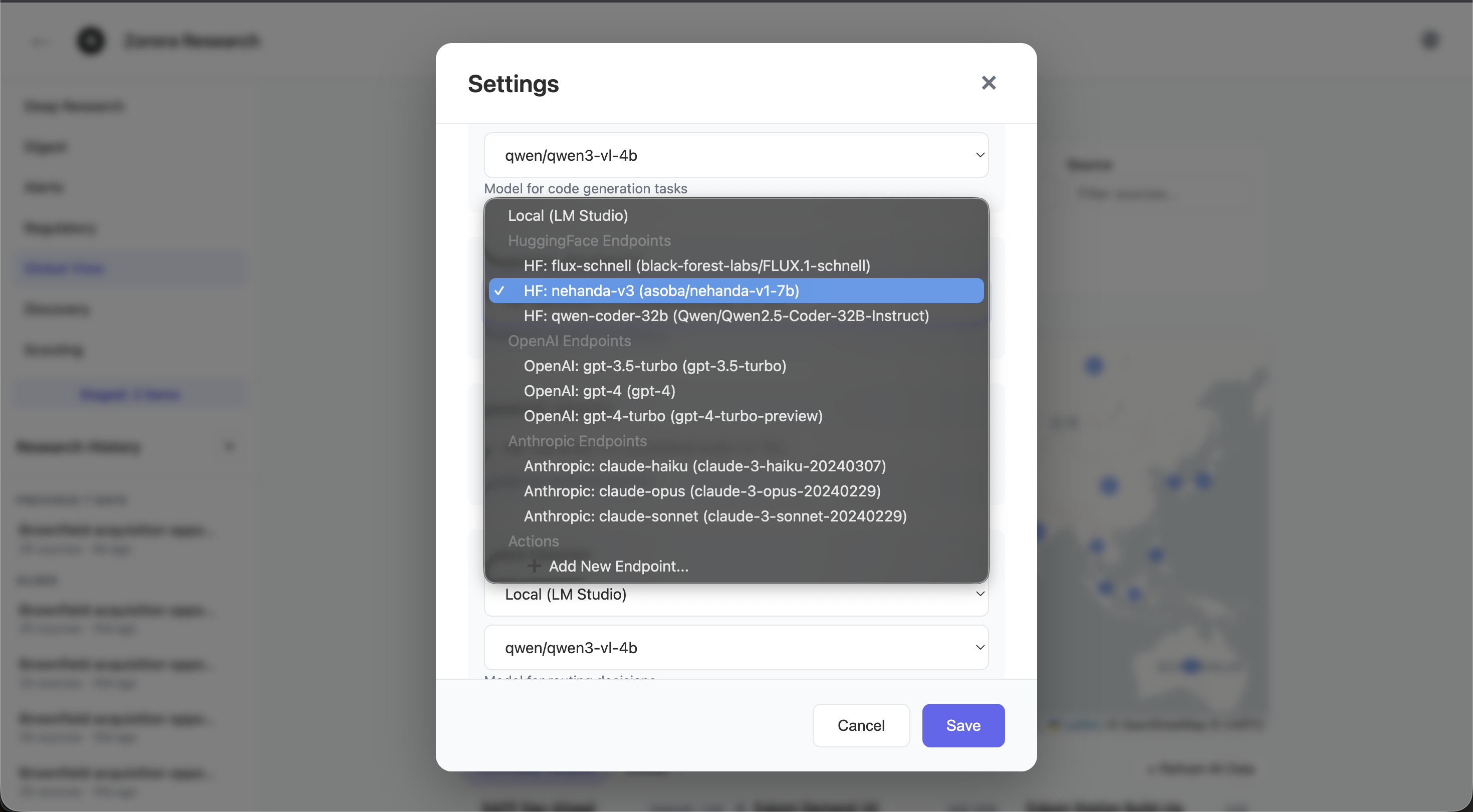 Settings modal